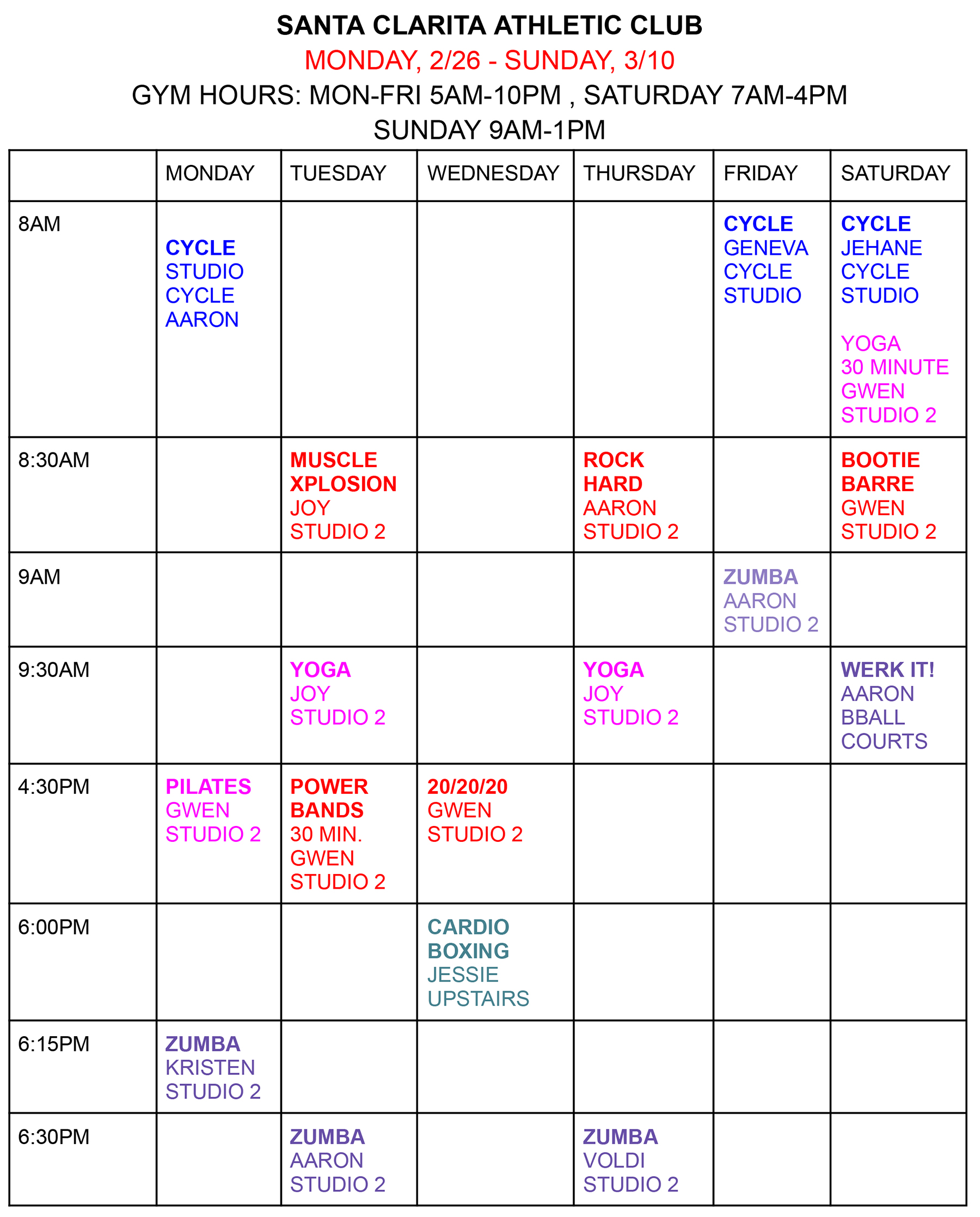 Santa Clarita Athletic Club Group Fitness Class Schedule - October 2023 Fall