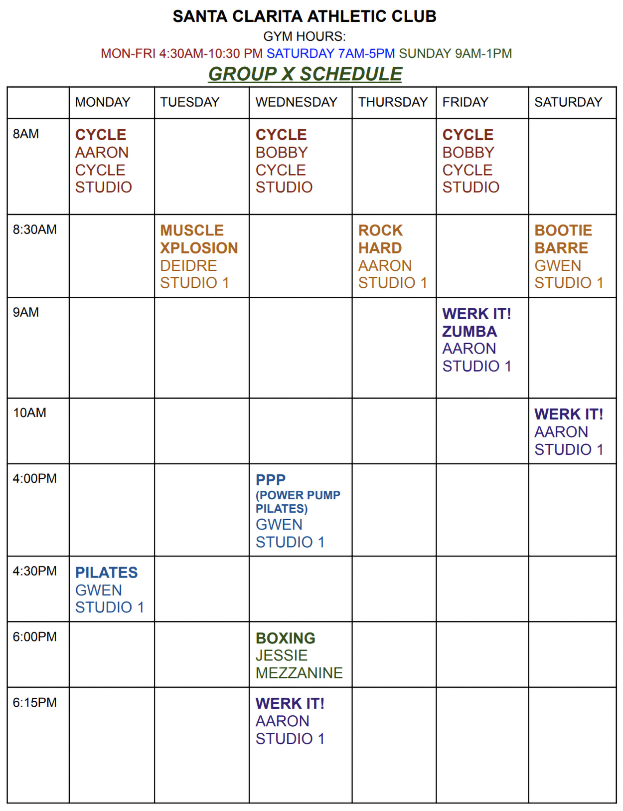 Santa Clarita Athletic Club Group Fitness Class Schedule - 2025