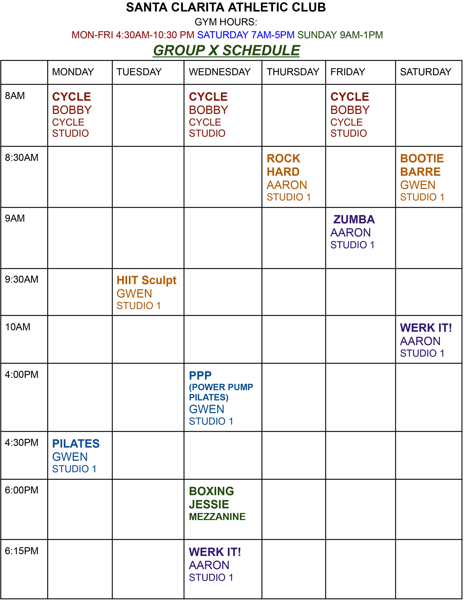 SCAC Group Fitness Class Schedule 2026