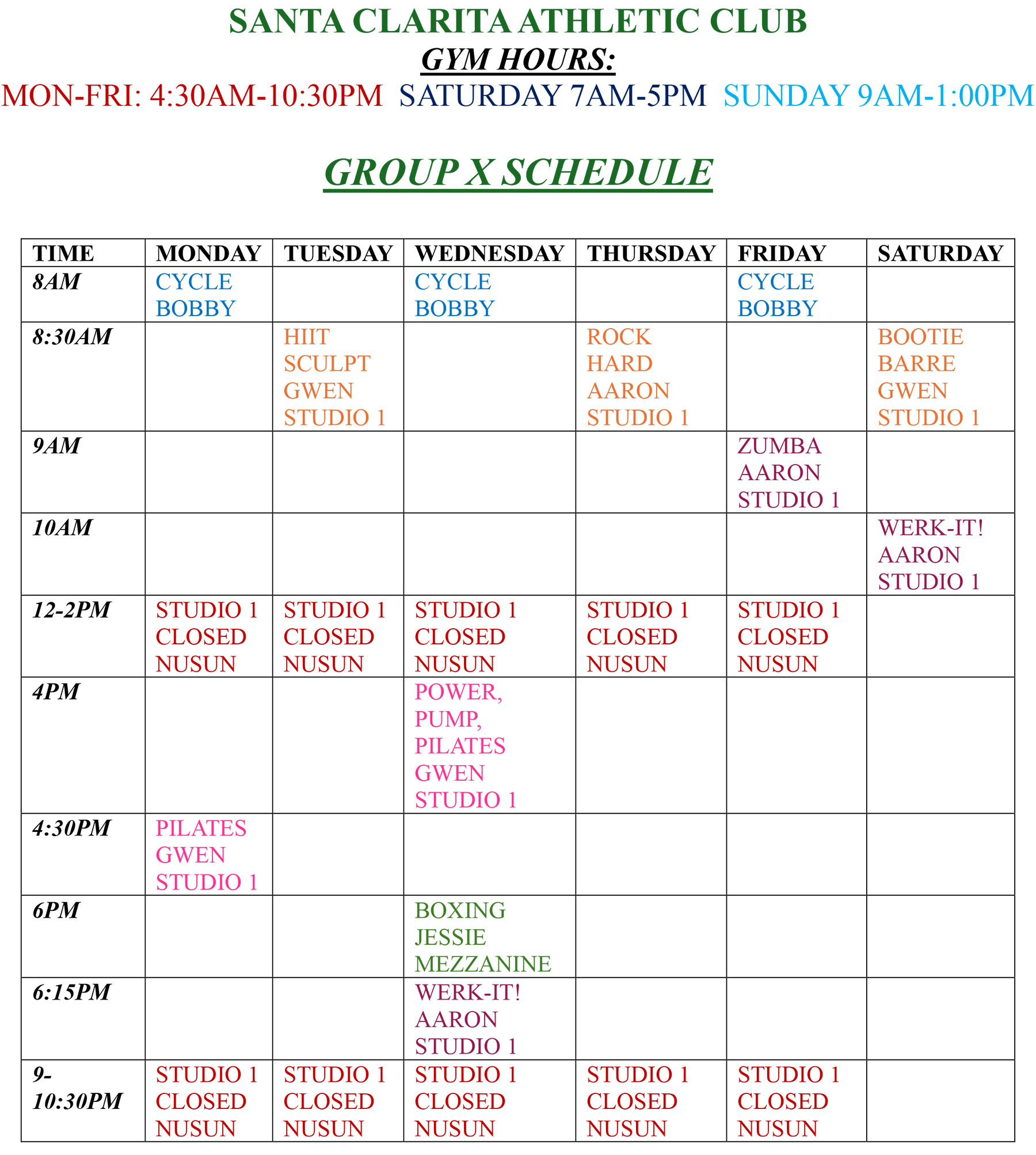 SCAC Group Fitness Class Schedule 2026