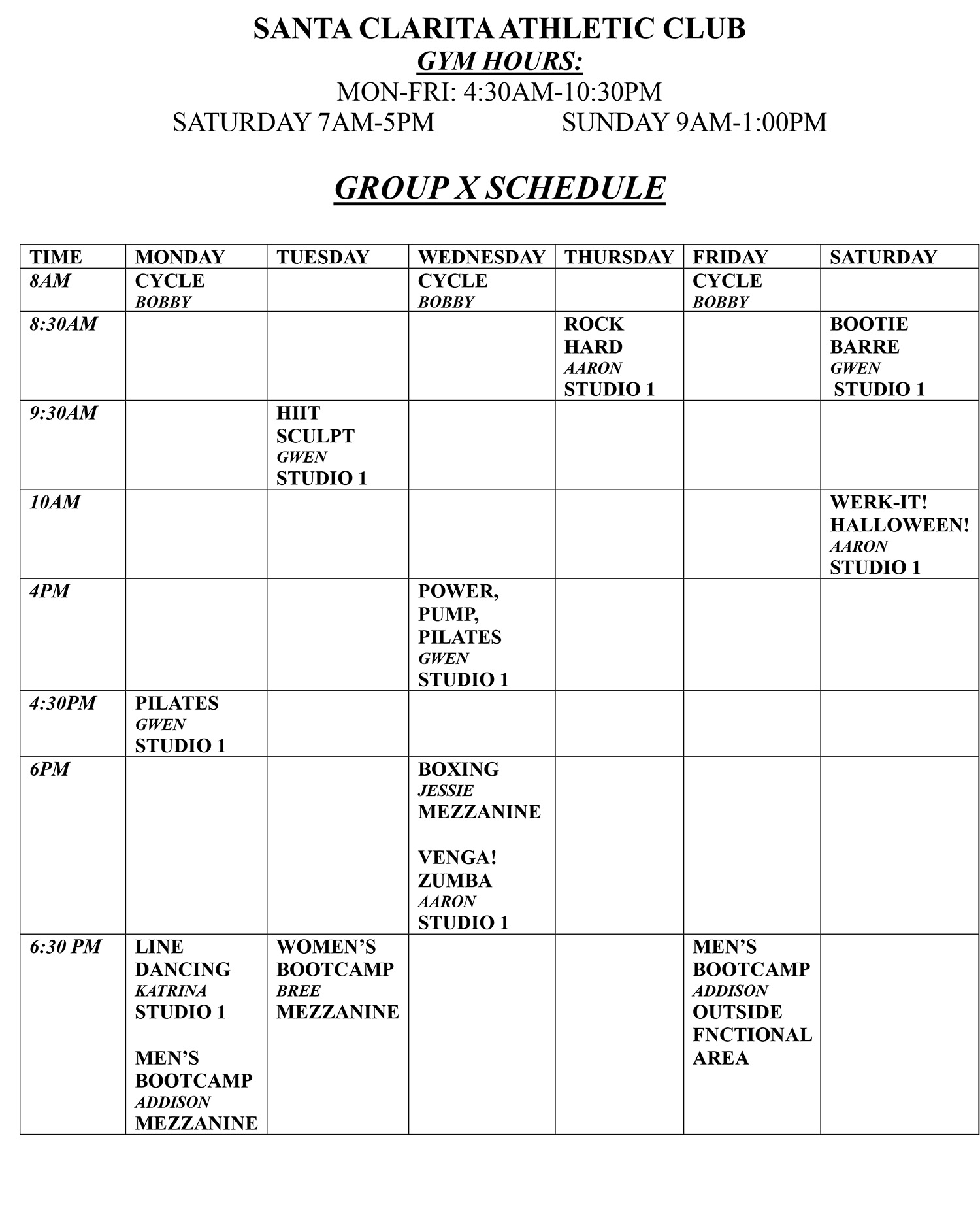 SCAC Group Fitness Class Schedule 2026