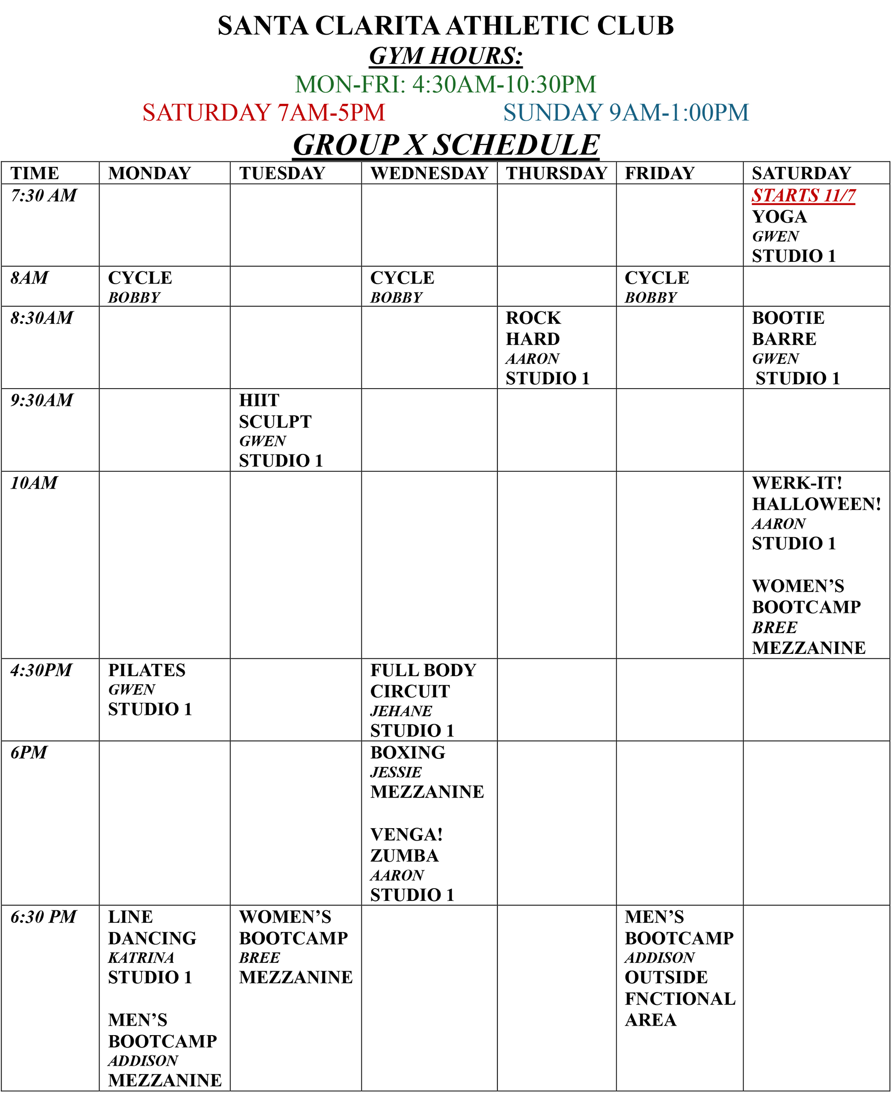 SCAC Group Fitness Class Schedule 2026